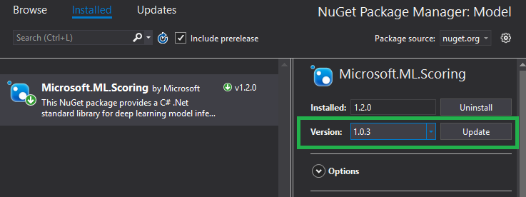 安装Microsoft.ML.Scoring包1.0.3版本